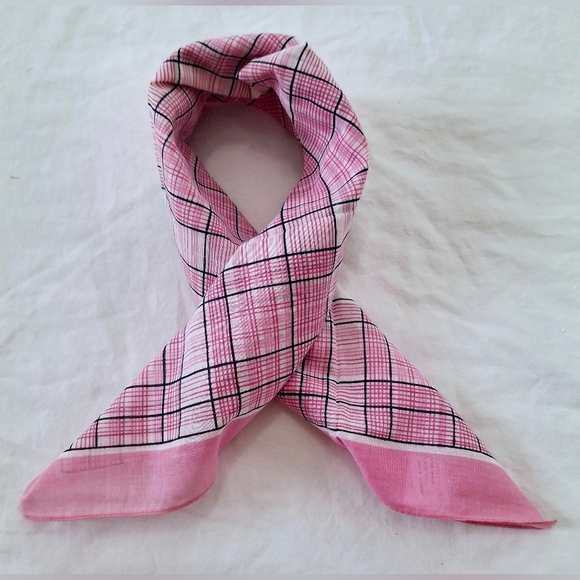 Brand New Vintage 1970's Italian Cotton Pink Plaid Square Scarf - Picture 1 of 8